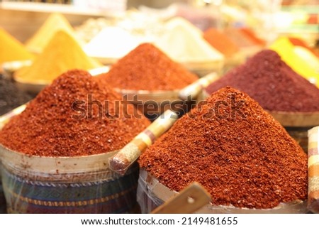 Garlic and Arabic spices in bag. Assorted spices for sale at the local market. Traditional products from East Asian spices condiments concept