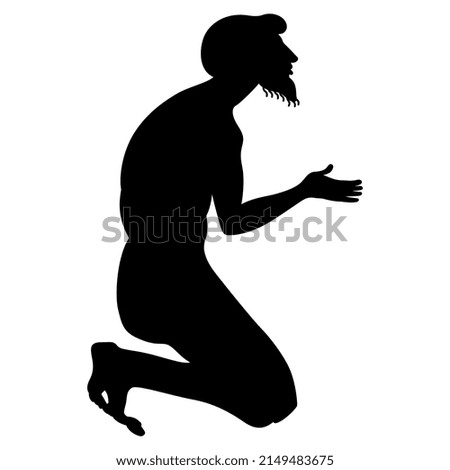 Kneeling bearded ancient Greek man. Black silhouette on white background.