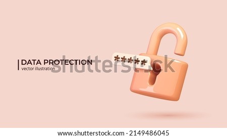 Data protection, safety, encryption, protection, privacy concept. Realistic 3d design of padlock, lock with password. The personal data protection. Vector illustration in cartoon minimal style. Royalty-Free Stock Photo #2149486045