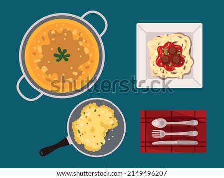 food in pot and cutlery, set