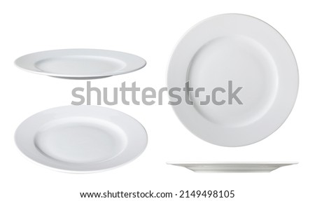 white dinner plates on white with clipping path different angles Royalty-Free Stock Photo #2149498105