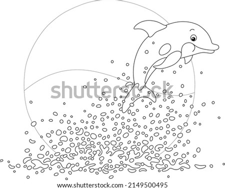Merry playful little dolphin in splashes jumping out of water in a tropical sea, black and white vector cartoon illustration for a coloring book page