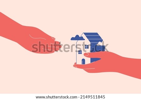 One hand gives to another hand small house. Provision of help and shelter to person in need. Concept of the safe place. Acquisition of ownership or rental of property. Vector concept Royalty-Free Stock Photo #2149511845