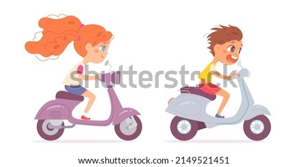 City scooter fun ride for pretty girl vector illustration. Cartoon funny cute kid riding motorcycle on street or lane road, happy little child motorcyclist driving motor transport isolated on white