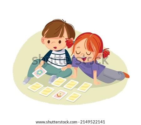 Little boy and girl play a memory board game sitting on floor. Children play with the flash cards. Kids having fun while playing table games. Spending time playing tabletop games. Vector illustration. Royalty-Free Stock Photo #2149522141