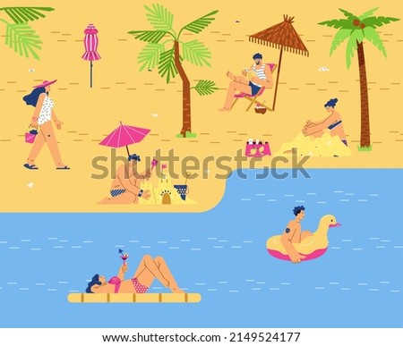 Summer landscape with palm trees, beach vacation. People rest on beach, on seashore, vector flat illustration. Summer holiday, tourism, travel. Happy people, tourists