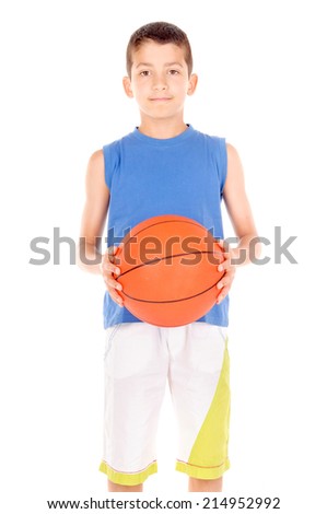little boy with basketball isolated in white