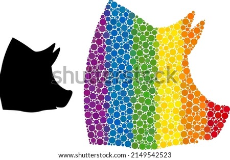 Pork head mosaic icon of round dots in different sizes and spectrum colored shades. A dotted LGBT-colored pork head for lesbians, gays, bisexuals, and transgenders. Vector symbol in LGBT flag colors.