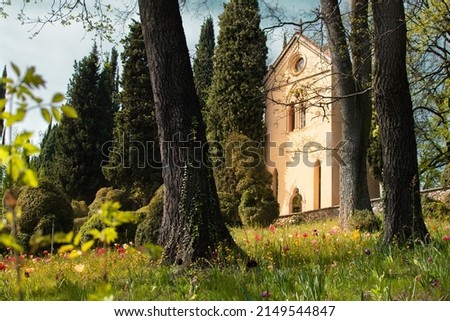 fairy tail garden with flowers and castle in sigurta italy