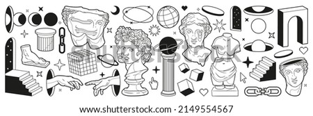 Abstract greek ancient sculpture and surreal geometric shapes. Vector hand drawn outline illustrations of modern statues and cosmic space elements in trendy psychedelic weird style. Sticker pack.