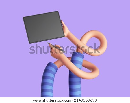 3d illustration, funny cartoon flexible tangled hands hold digital pen and graphic pad with blank screen. Wireless gadget, electronic device. Clip art isolated on violet background