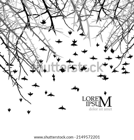 Tree branches and a flock of flying birds. Vector illustration
