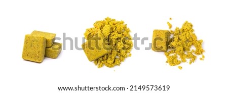 Stock cube isolated. Vegetable stock concentrat, broth cubes, bouillon cube, instant spice soup ingredient on white background