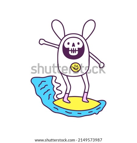 Adorable bunny skull surfing, illustration for t-shirt, street wear, sticker, or apparel merchandise. With doodle, retro, and cartoon style.