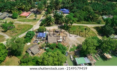 Aerial drone shot of fisherman village in Sedili Kecil, Johor, Malaysia