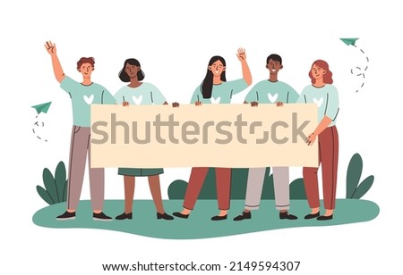 Group of people with empty banner concept. Young men and women volunteers or activists participate in parade or rally. Characters holding editable advertising poster. Cartoon flat vector illustration Royalty-Free Stock Photo #2149594307