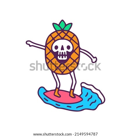 Surfing pineapple skull mascot, illustration for t-shirt, street wear, sticker, or apparel merchandise. With doodle, retro, and cartoon style.