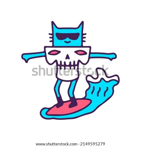 Cool cat in skull head surfing, illustration for t-shirt, street wear, sticker, or apparel merchandise. With doodle, retro, and cartoon style.