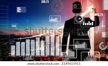 Double Exposure Image of Business and Finance conceptual - Businessman with report chart up forward to financial profit growth of stock market investment.