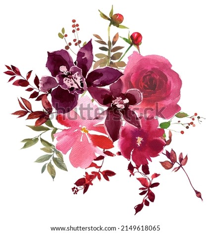 Watercolour Floral Bouquet Red Pink Roses Summer Arrangement Isolated On White
