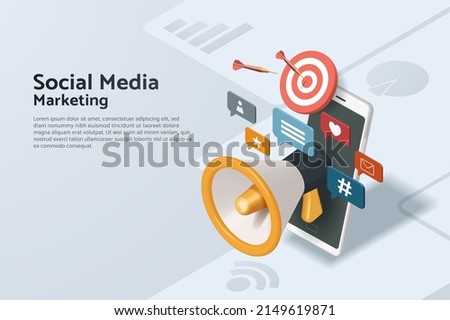 Social media marketing or digital marketing is for web banners with megaphones and social media icons floating on mobile phone on white gray background. 3d isometric vector illustration Royalty-Free Stock Photo #2149619871