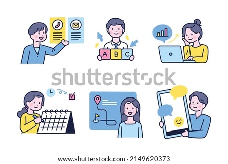 People doing business work. Cute business characters. Thick outline style design.