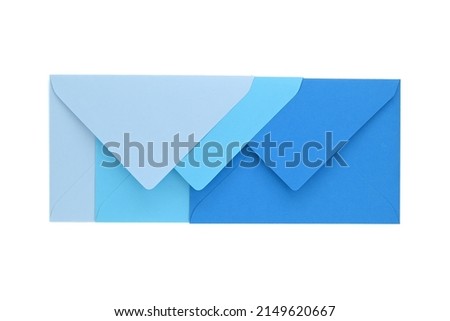 Envelopes of blue hues isolated on white background, viewed from above. Top view