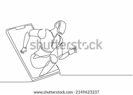 Single continuous line drawing robots come out from cellular phone with runner pose. Modern robotics artificial intelligence technology. Electronic technology industry. One line graphic design vector