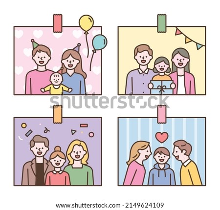 Happy family photos celebrating a child's birthday. Characters with cute faces with outlines. flat design style vector illustration.