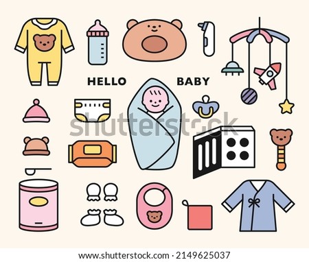 Collection of cute baby and baby items icons. flat design style vector illustration.