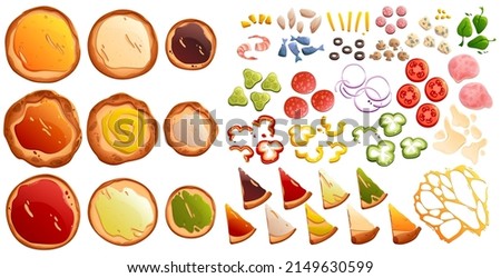 Pizza constructor, food creator with bases, toppings and ingredients for book of recipes, cooking class, Italian cafe or pizzeria menu design. Vegetable, cheese, sausages, seafood Cartoon vector set Royalty-Free Stock Photo #2149630599