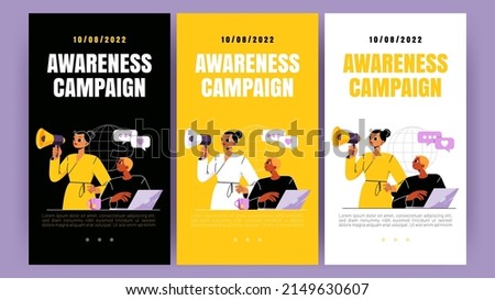 Awareness campaign mobile page onboard screens. Social marketing business concept with characters promoting online in networks using laptop and megaphone. Public affairs Line art flat vector banners