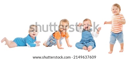 Baby Group over White. Baby Development Stages. Babies Developmental Milestones for first Year. Happy Children Infant and Toddler crawling, sitting, walking Royalty-Free Stock Photo #2149637609