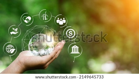 ESG Banner - Environment, Society and Corporate Governance The information banner calls to commemorate this company's contributions to environmental and social issues. Royalty-Free Stock Photo #2149645733
