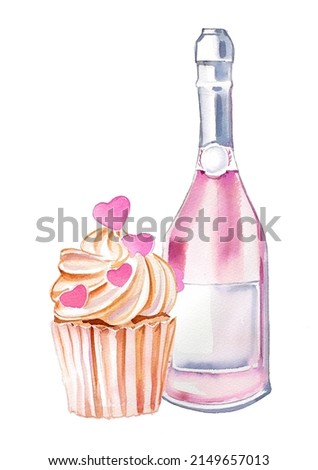 Pink champagne bottle and sweet muffin with heart on top. Dessert illustration. St.Valentine's Day background. Celebration themed design. Romantic clipart for greeting card.