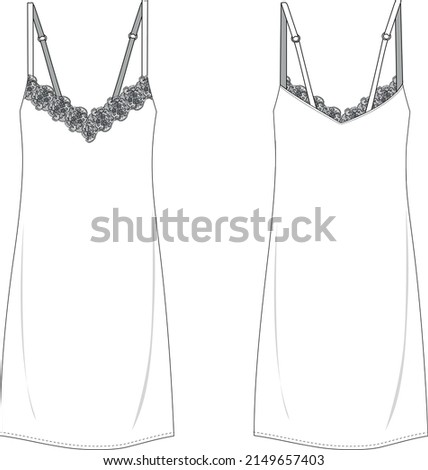 Lace detailed strapped night gown dress vector cad