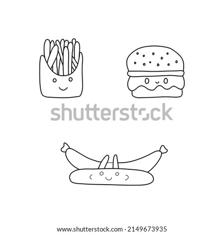 food outline vector illustration Hamburger, French Fries, Sausage