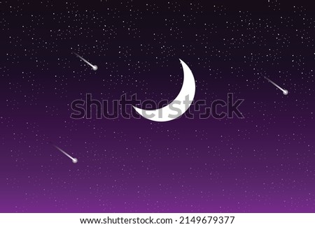 A beautiful Space landscape with the crescent moon, sky,  stars and meteor.Night sky vector landscape illustration in cartoon style.