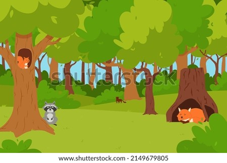 Forest landscape with wild animals sitting inside of tree hollow or nest, flat vector illustration. Green summer woods with squirrel, fox, racoon and marten. Cartoon characters of cute animals.