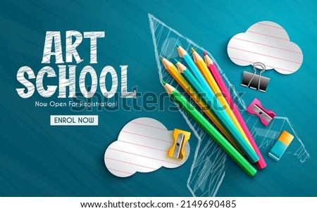 Art education vector background design. Art school text with color pencil and paper cut in rocket drawing chalk board element for creativity learning registration. Vector illustration.
