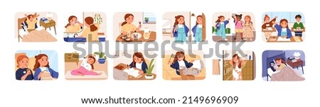 Kid daily routine. School girl life with everyday activities, waking up in morning, hygiene, eating, studying, sleeping in bed at night. Flat graphic vector illustrations isolated on white background Royalty-Free Stock Photo #2149696909