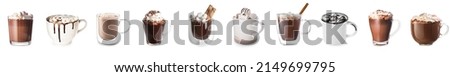 Set of tasty hot chocolate with marshmallows and whipped cream on white background