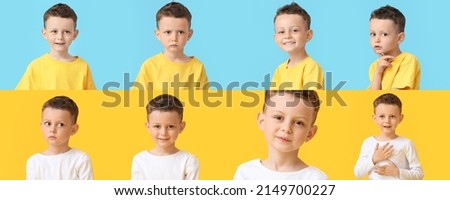 Set of little boy showing different emotions on yellow and blue background Royalty-Free Stock Photo #2149700227