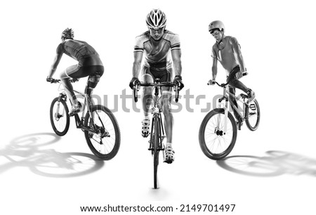 Combined black and white picture on a bicycle theme. Road, mountain, trial cycling.