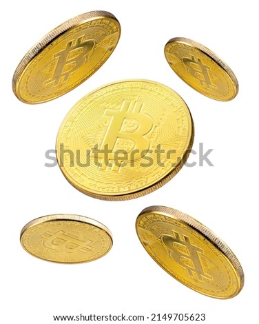 Golden coin with bitcoin symbol falling in the air isolated on white background, Shiny golden physical cryptocurrencies Bitcoin symbol coins on white With clipping path. Royalty-Free Stock Photo #2149705623