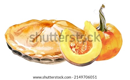 Home made pumpkin pie. Autumn concept design. Watercolor hand painted kitchen themed illustration. Autumn menu. Harvest concept clipart isolated on white.
