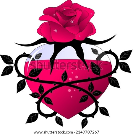magic elixir, love drink in a glass bottle decorated with a rose, pink color Royalty-Free Stock Photo #2149707267