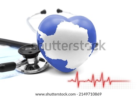 Flag of Antarctic in the form of a heart next to a stethoscope, the concept of the world health system