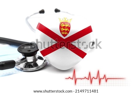 Flag of Jersey in the form of a heart next to a stethoscope, the concept of the world health system