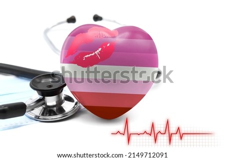 Flag of Lipstick lesbian in the form of a heart next to a stethoscope, the concept of the world health system